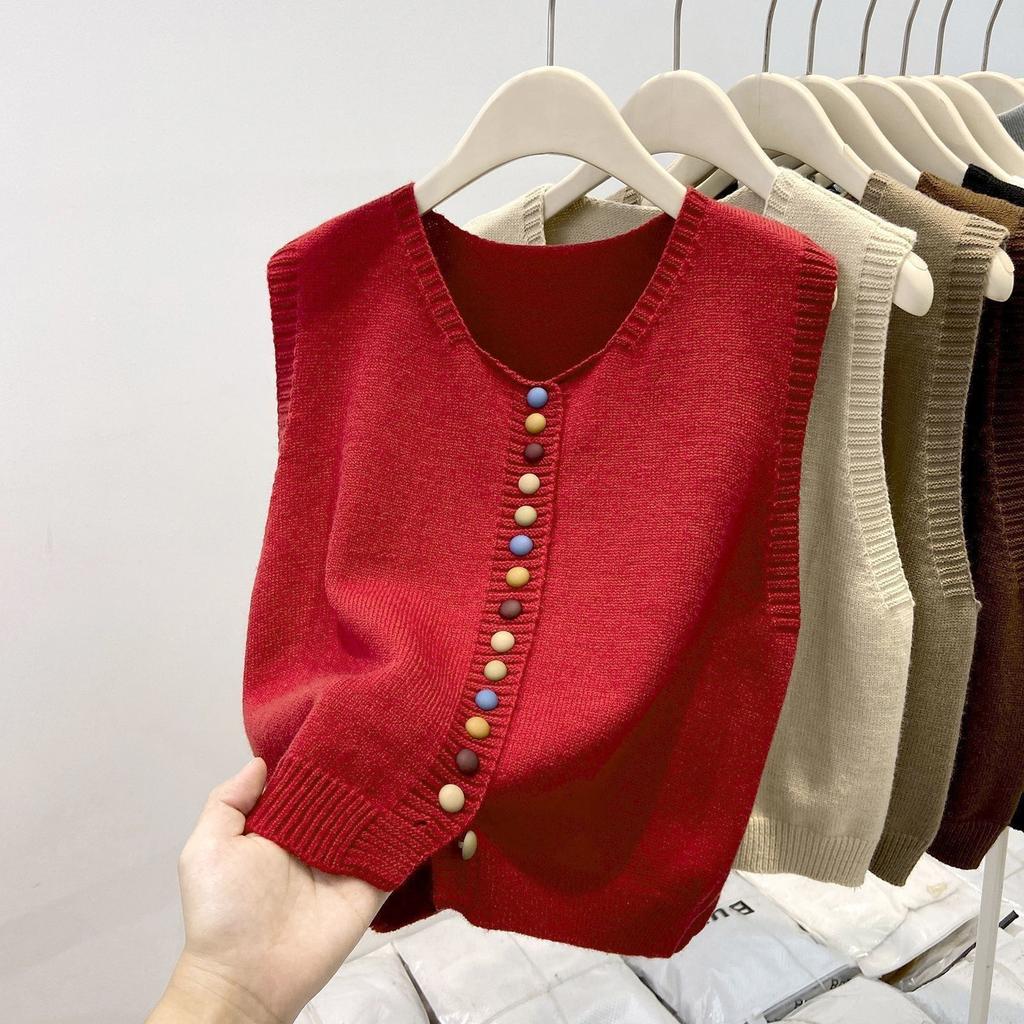 Women's Fashionable Rainbow Button Knitted Unique Layering Crew Neck Vest Loose Sweater Cardigan Top for Spring and Autumn