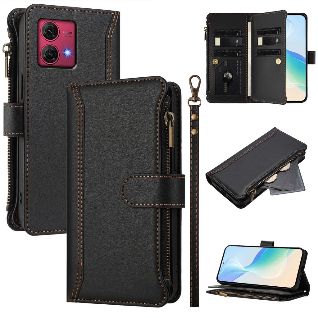 For Motorola Moto G84 5G Leather Case 9 Card Slots Zipper Wallet Stand Phone Cover with Wrist Strap
