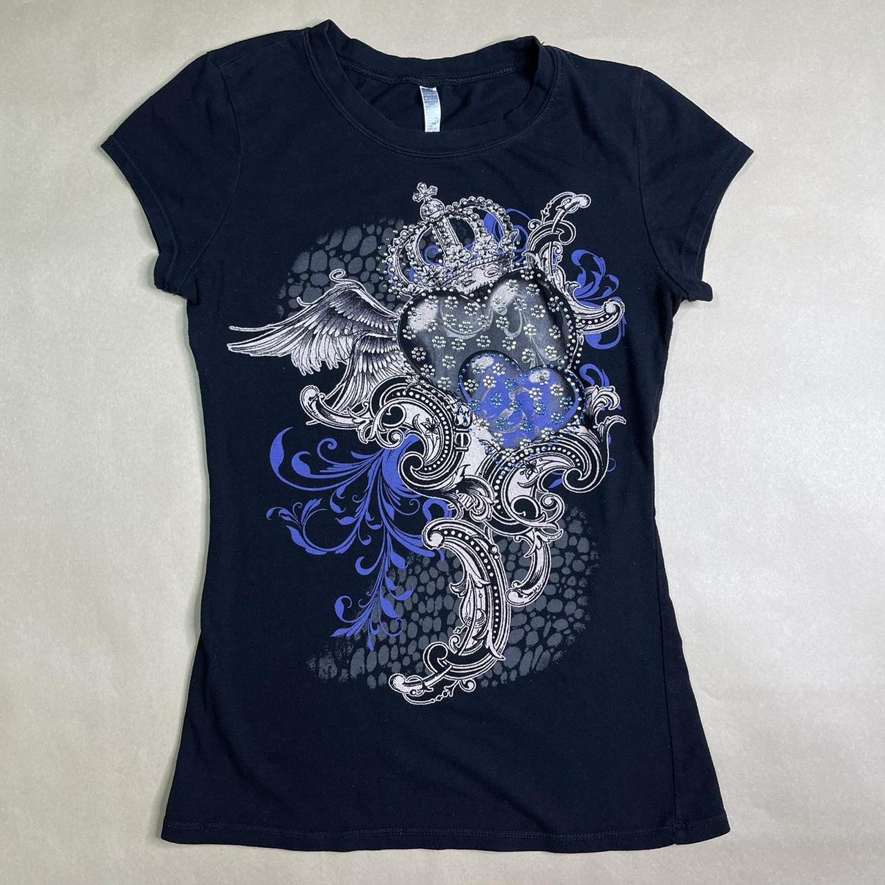 

Женская футболка с готическим принтом, облегающая, лето 2026, с коротким рукавом и горячими стразами L чёрный