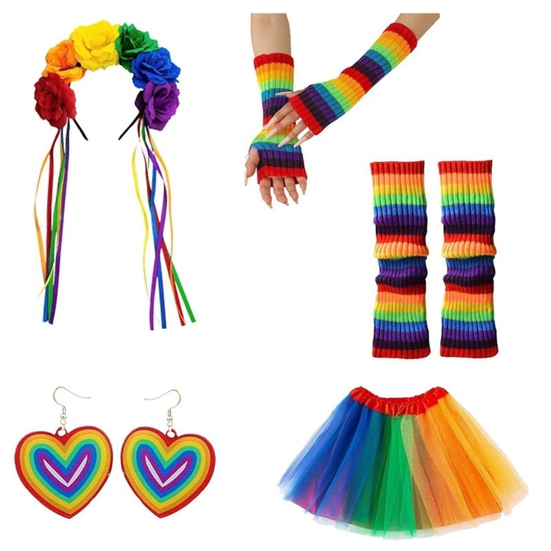 Kostüm-Set Regenbogenfarben Stirnband Ohrringe Brille Rock Beinärmel Lange Handschuhe Damen Halloween Kostüm Zubehör