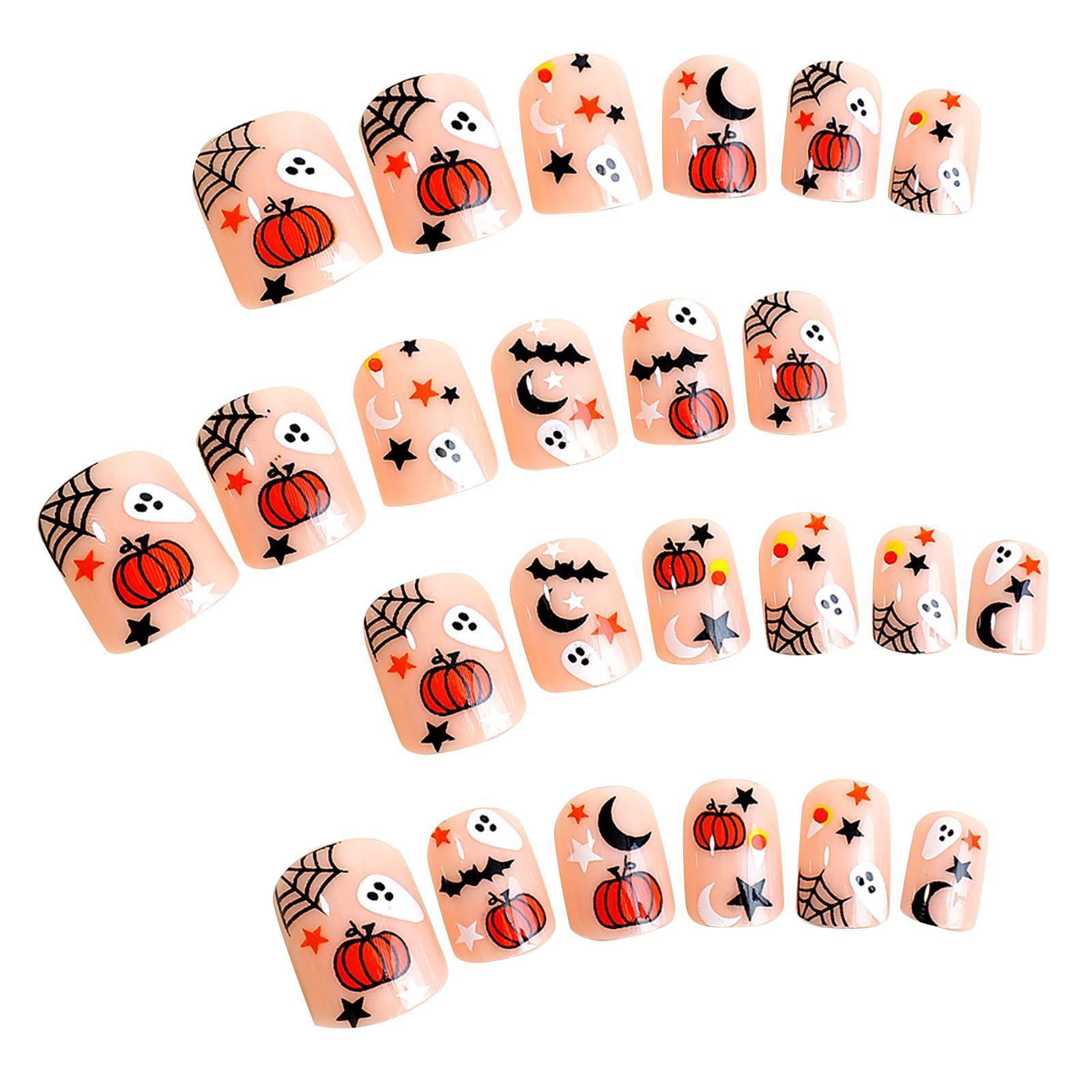 Halloween Fake Nails Short Press Nails Square Black Full Cover Glue Nails Halloween Nails With Cute Star Designs Extra Short For Halloween Decorations