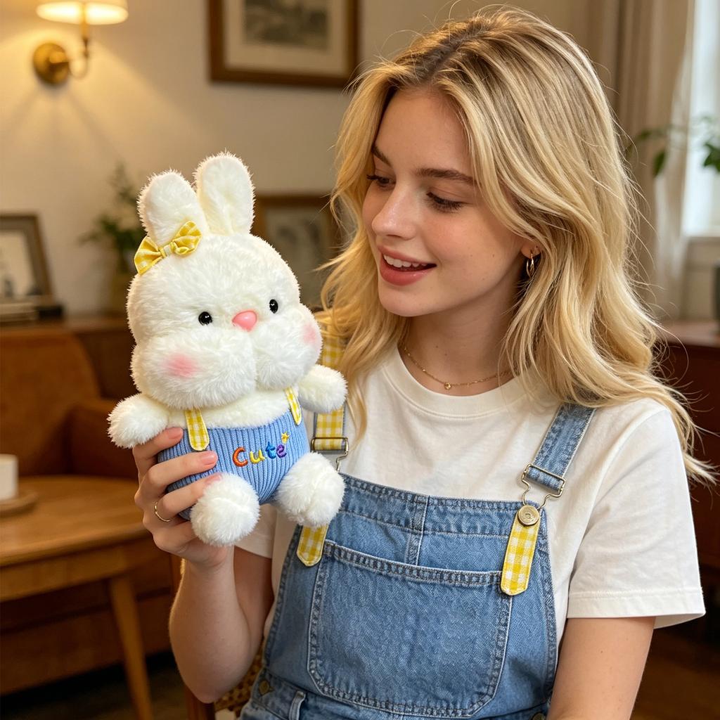 Plush Bunny Stuffed Animal Soft Cuddly Rabbit Doll with Embroidered Outfit Large Face Design for Birthday Gift and Comfort Pillow