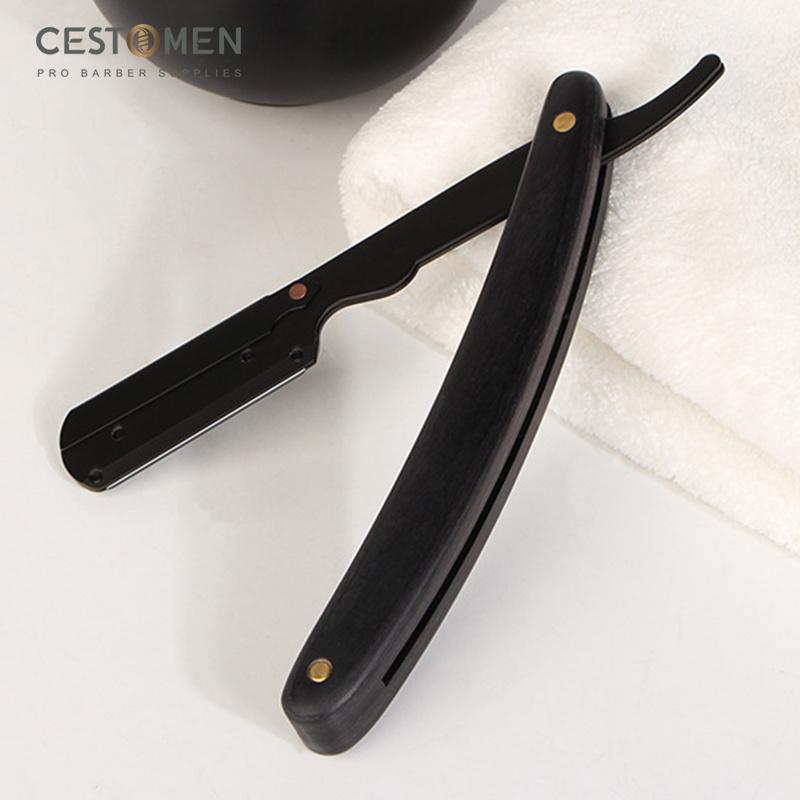 CESTOMEN Herren Rasierer mit gerader Kante, Edelstahl, professioneller Friseurmesserhalter, zusammenklappbar, Holz, manuelles Rasieren, Rasierer, Friseur-Werkzeuge