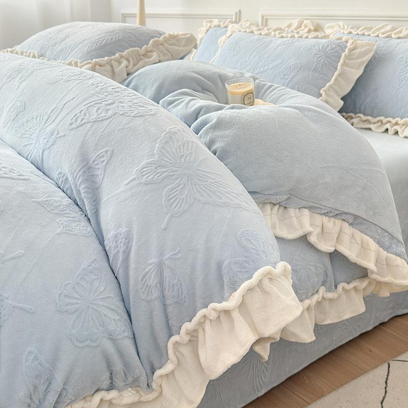 Double-Sided Thickened Milk Coral Fleece Bed Four-Piece Set Flannel Bedding Bed Skirt Fleece Sheet Quilt Cover