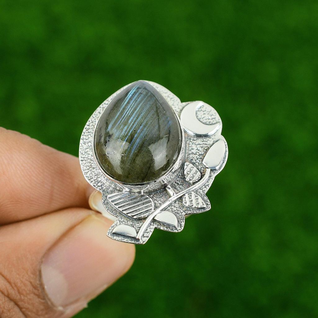 Natural Labradorite Cescent Moon Bezel Promise Birthday Ring 925 Sterling Silver