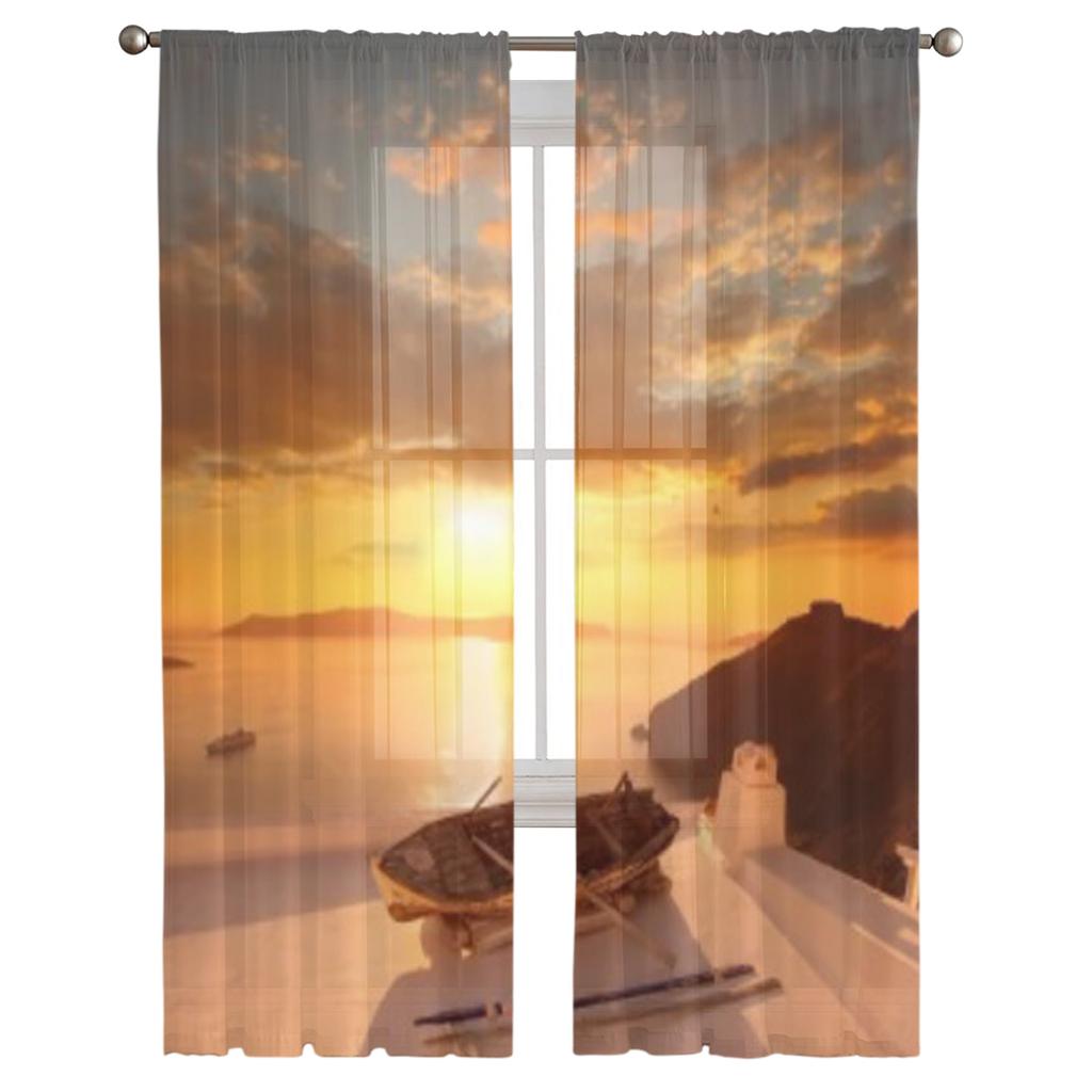 Santorini With Old Vase Boat Roof Greece Chiffon Sheer Curtains for Living Room Bedroom Window Curtain Voiles Tulle Cortinas