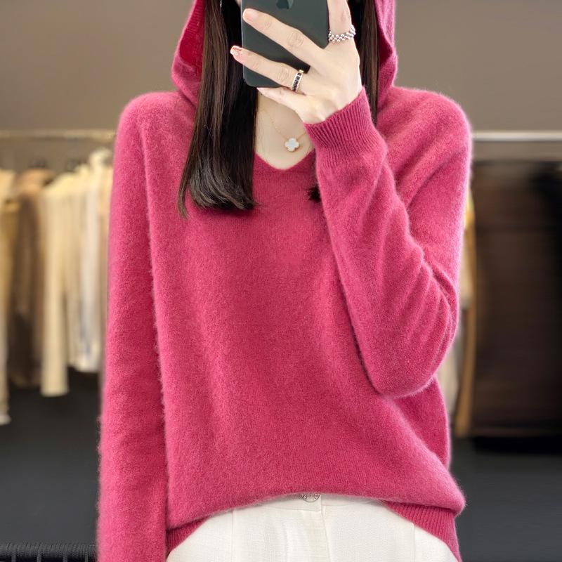 Women's V-Neck Hooded Wool Sweater - Autumn/Winter Loose Knit Pullover