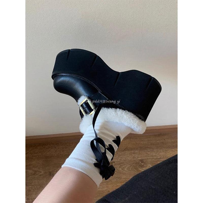 Keep Warm and Increase Height, Wear Velvet Cotton Shoes Outside 2025 Autumn and Winter New Models, Small Super Thick-soled Short Tube Fluffy Snow Bo