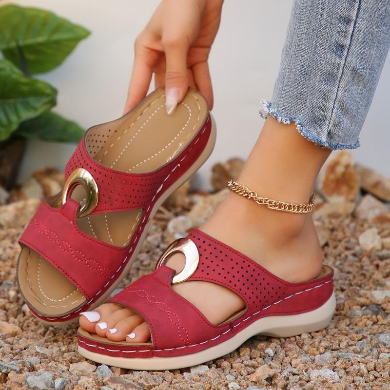 New large-size women's shoes casual one-pedal sewing line metal buckle cool slippers wedge heel thick-soled hollow slippers