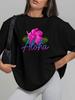 Plus Size - Plus Size - Aloha with Flower Plus Size Women'S Printed Unisex T-Shirts, Spring And Summer Casual Short-Sleeved Crew Neck Tops, Women'S Pl