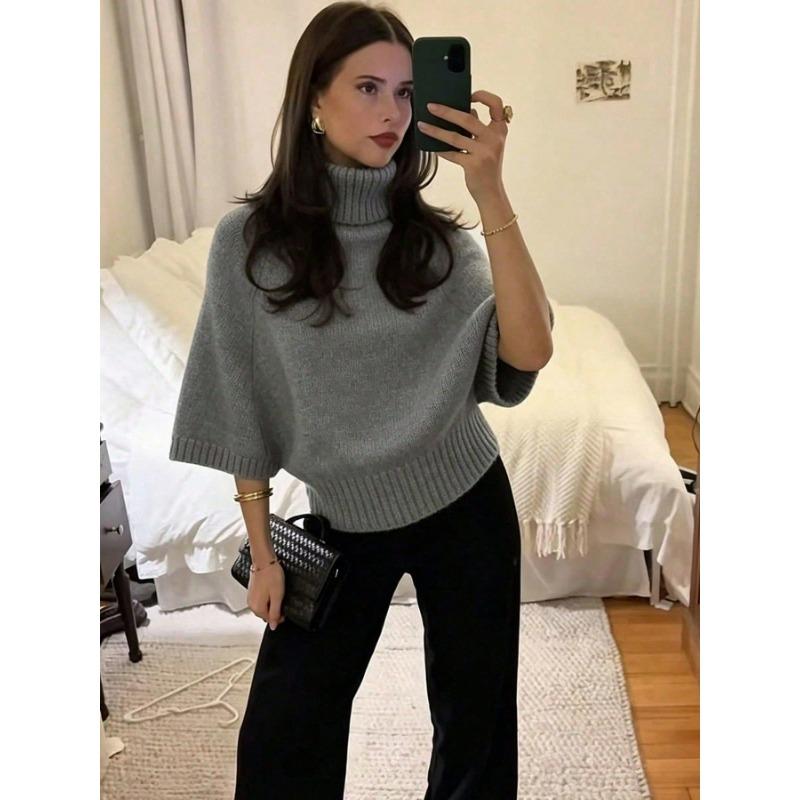 Women S Solid Gray Batwing Sleeve Turtleneck Fitted Pullover Knit Sweater