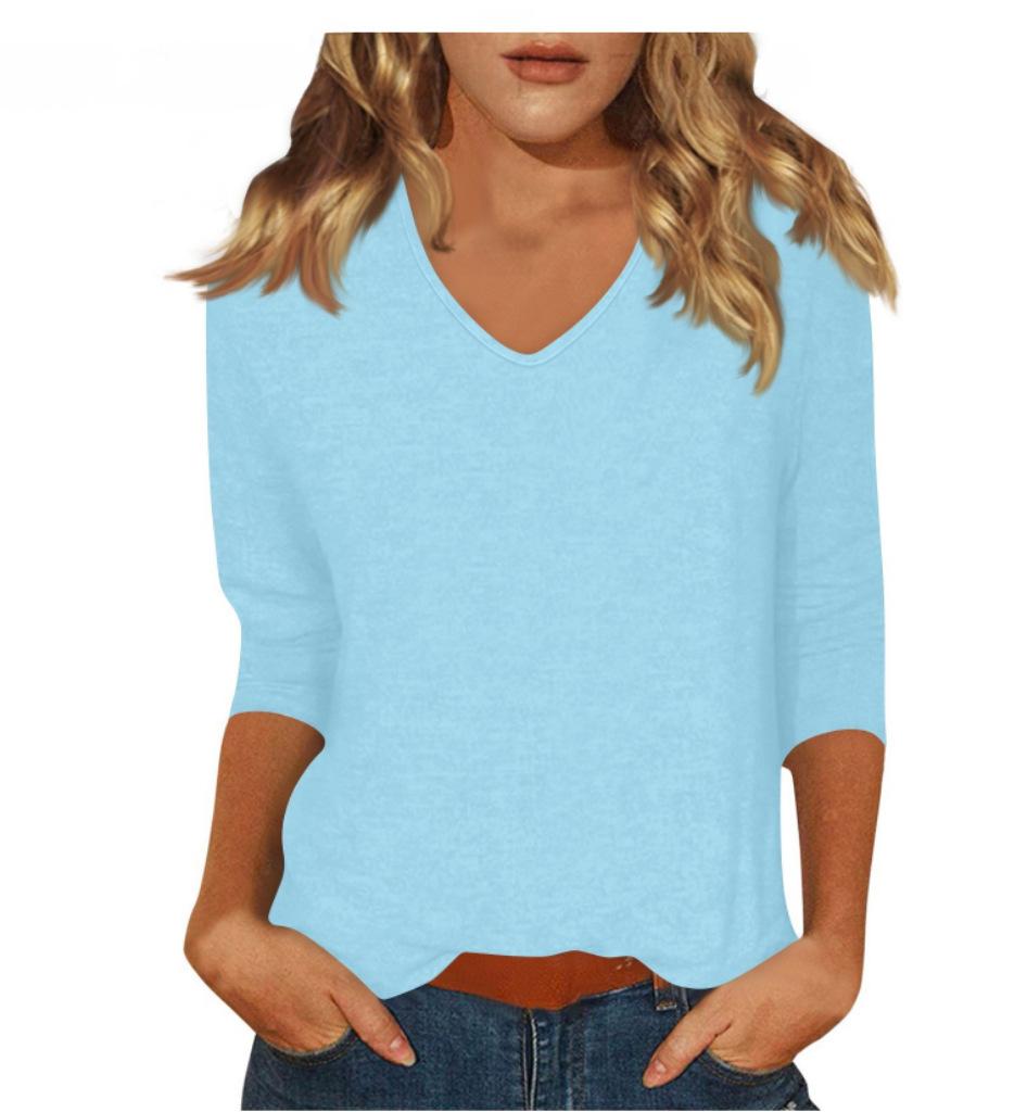 Women's Daily Versatile Casual V-Neck Solid Color Seven-Sleeve T-Shirt Top