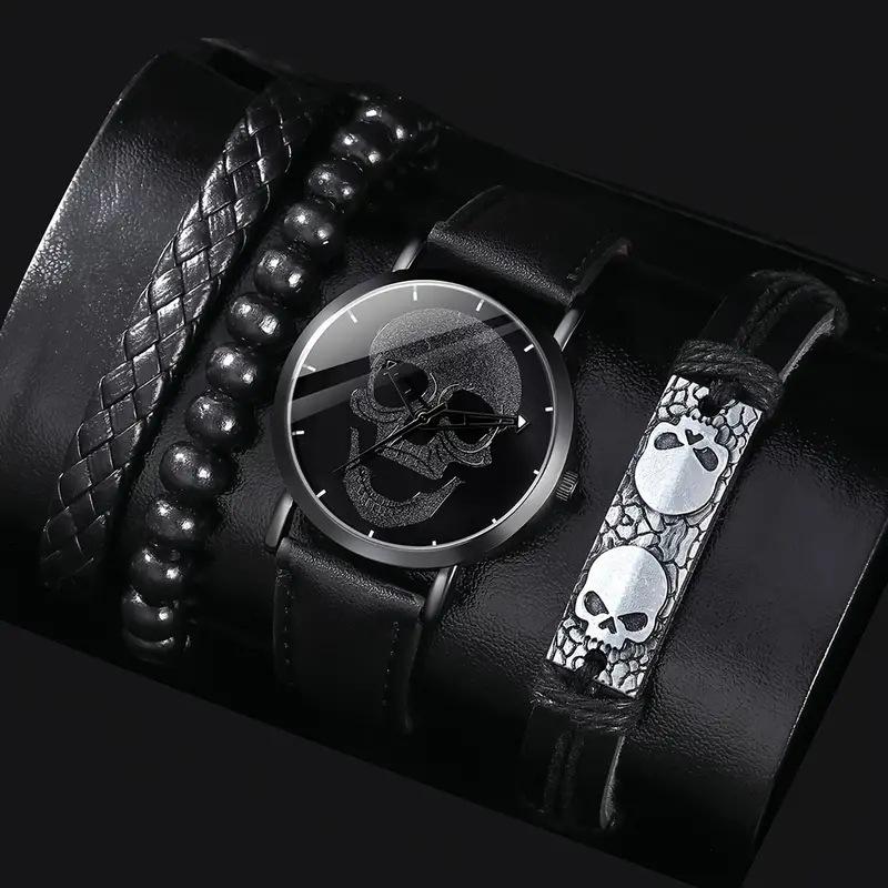 Black Skull Dial Quartz Watch & Bracelet Set (3-Piece)