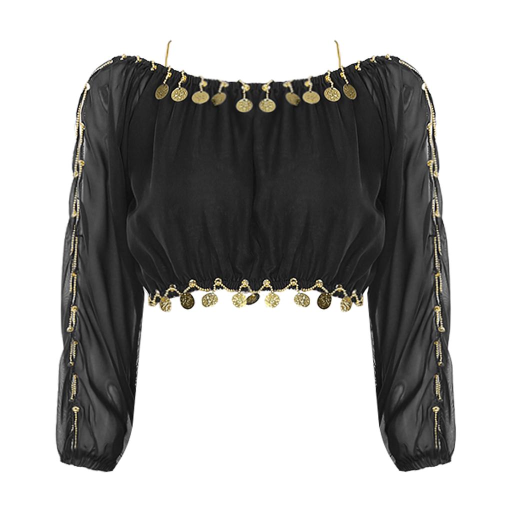 Womens Sequined Beaded Belly Dance Crop Top Long Puff Sleeve Split Halloween Party Costume