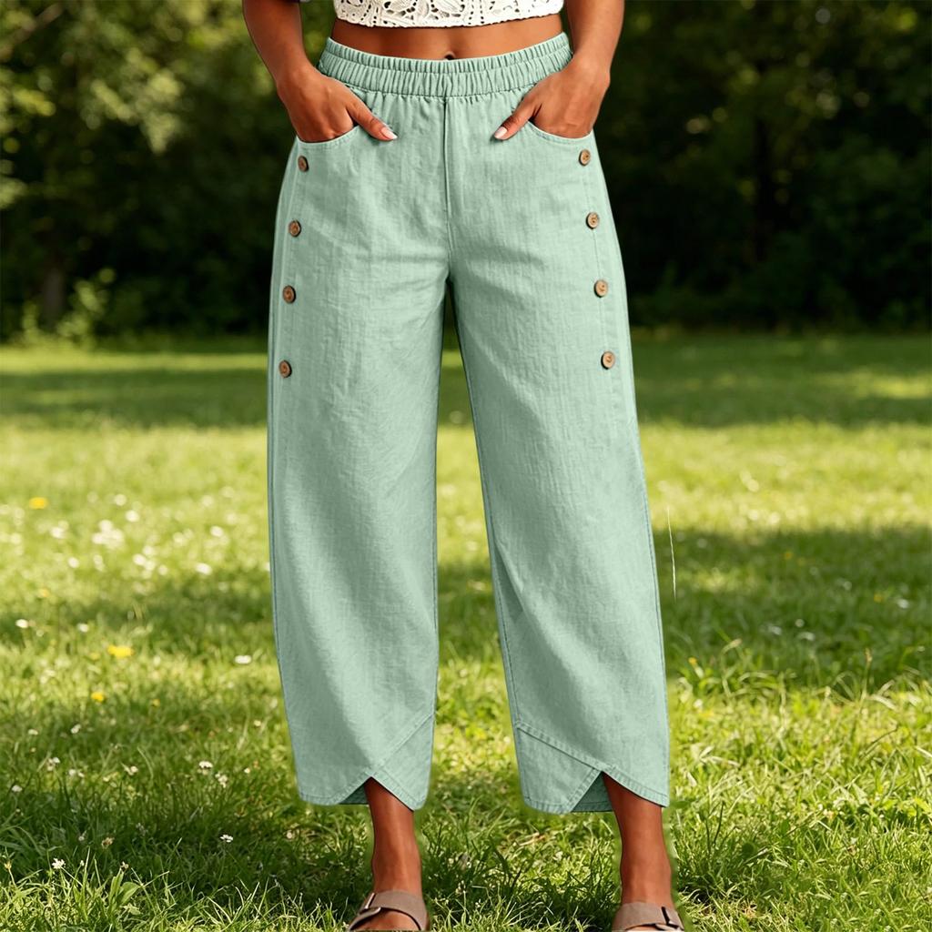 Women's Casual Button Detail Tulip Hem Cropped Pants Elastic Waistband Lightweight Loose Fit Casual Trousers