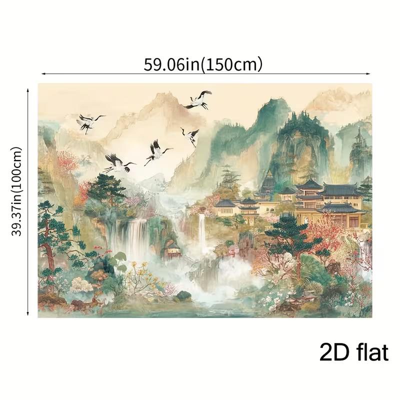 2D Chinese Temple Waterfall Crane Backdrop for Wall Hanging Decor