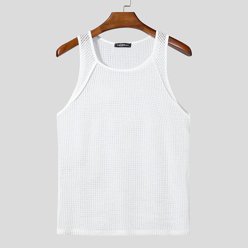 

INCERUN Мужские топы с круглым вырезом без рукавов из сетчатой пряжи с ажурной отделкой, футболки белый