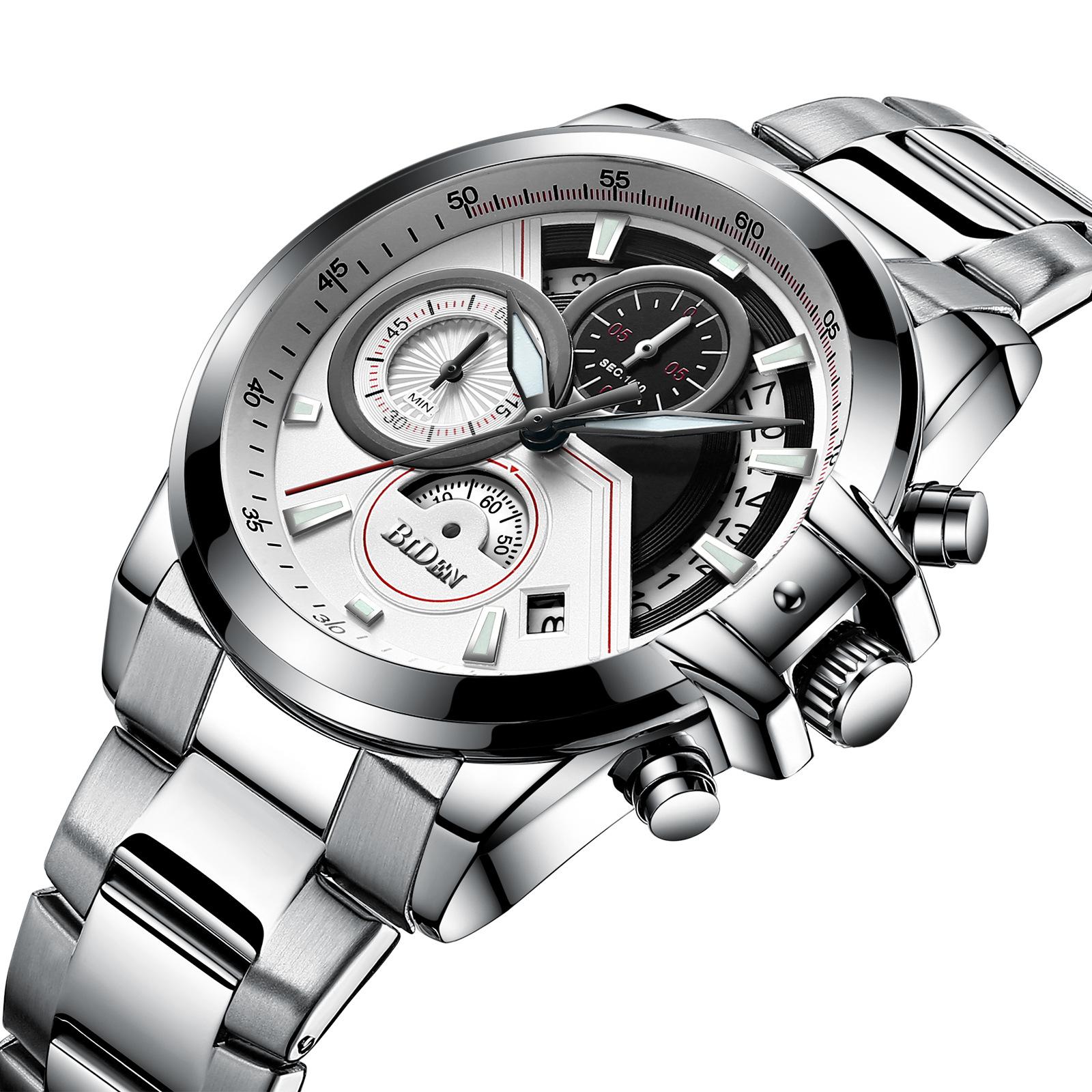 

BIDEN спортивные модные и модные мужские многофункциональные кварцевые часы из нержавеющей стали серебряный