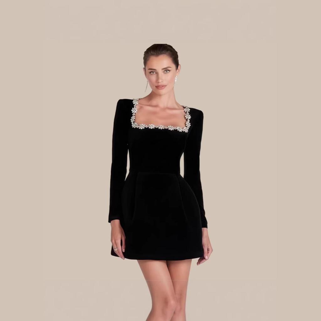 Elegant Rhinestone Square Neck Long Sleeve Bandage Dress for Women