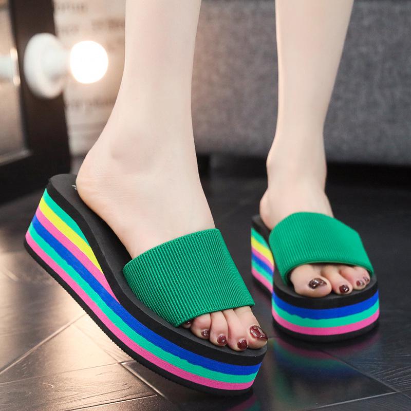 Women's Summer Rainbow Wedge Flip Flops - Thick Foam Sole Toe Post Beach Slippers