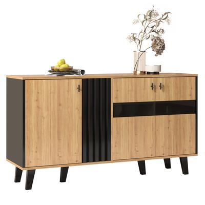 140 x 78,5 x 41 cm Großes Sideboard, Holz und Schwarz, mit Stauraum, Schrank mit LED-Licht und Glas, Vielseitig. [ALTE SKU:WF313227228SAA]