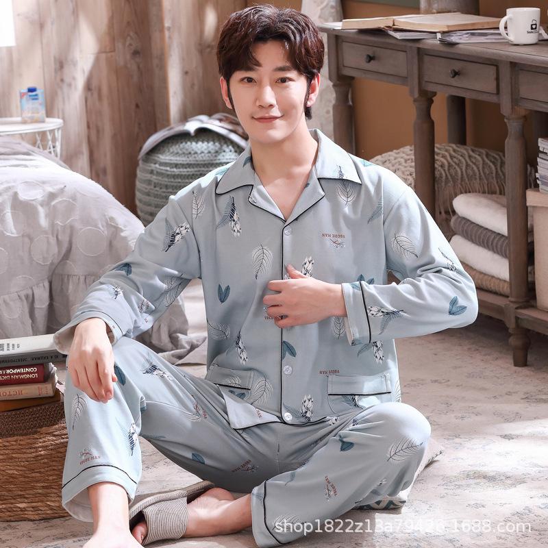 Men's Artistic Cardigan Pajama Set - Spring & Autumn Styles with Long Sleeves and Pants, Plus Size Available