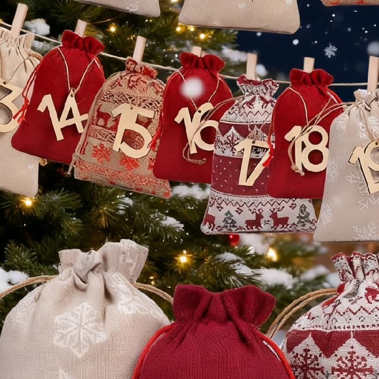 Christmas Countdowns Bag With Reinforced Drawstring Sustainable Burlap Fabric For Seasonal Surprises
