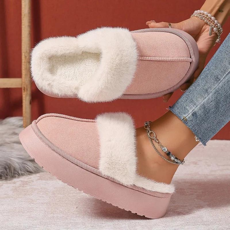 Winter Women Platform Slippers Warm Plush Slippers Women Fashion Indoor Outdoor Fluffy Suede Mules Female Snow Cotton Shoes