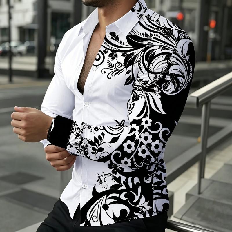 Men's Slim Fit Lapel Long Sleeved Shirt, Navy Style Boat Anchor Wave Print, Outdoor Casual Men's Top