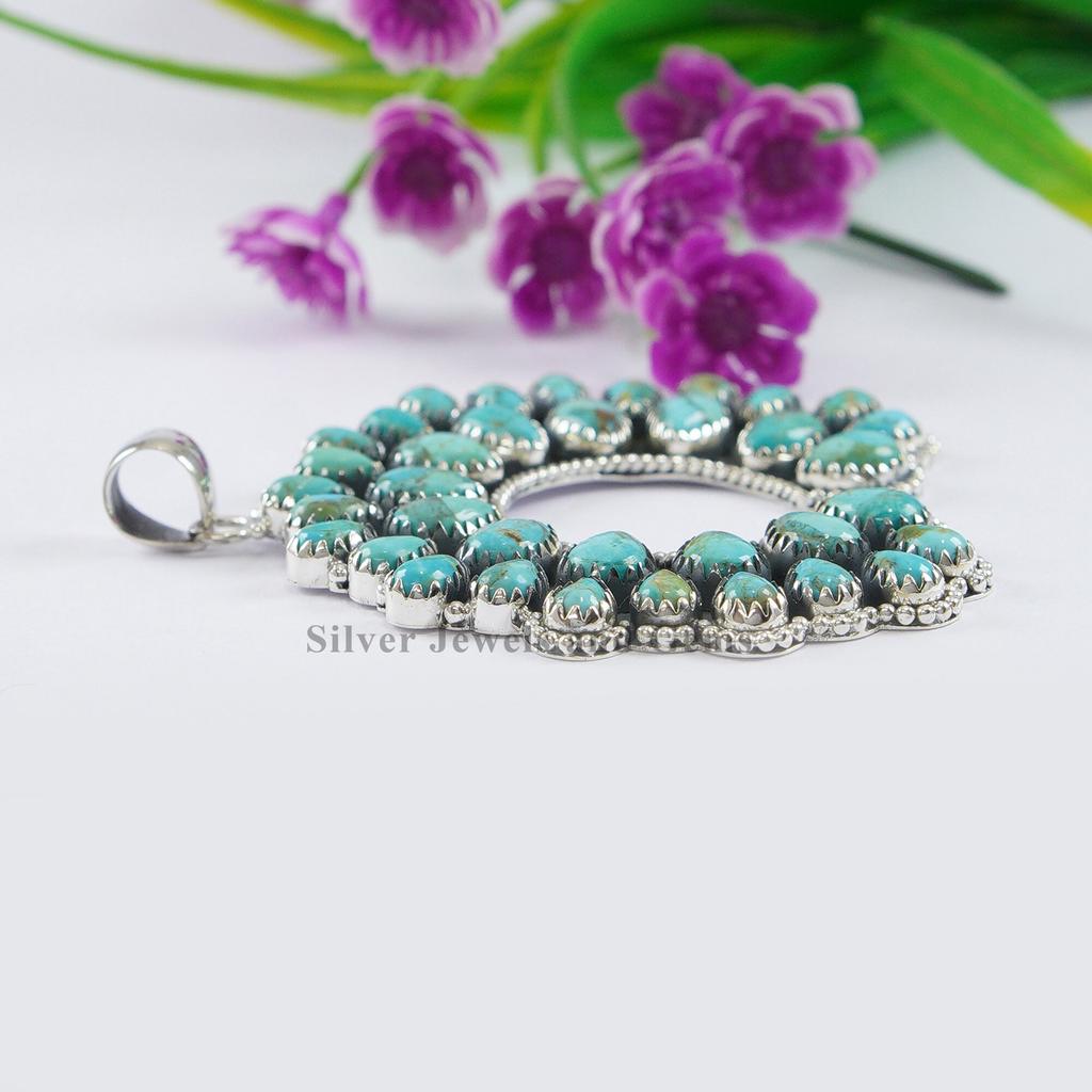 Genuine Turquoise Cluster Pendant-925 Sterling Silver Pendant-Kingman Turquoise Multi Stone Pendant-Gemstone Pendant-Wedding Pendant