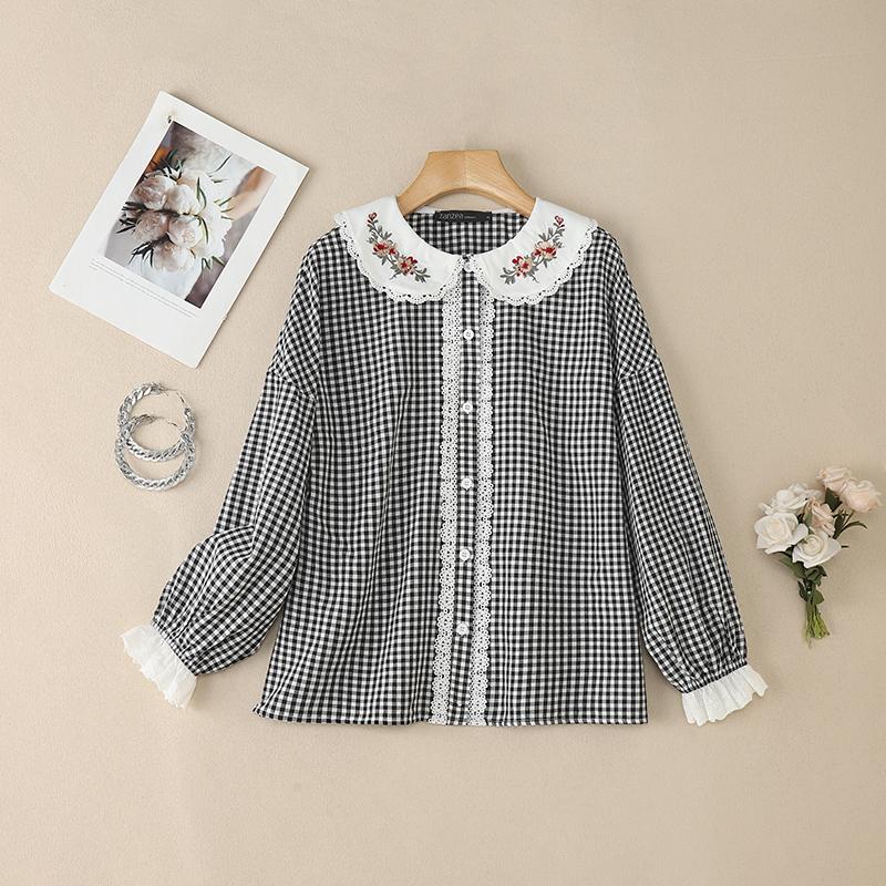 ZANZEA Women Floral Splice Doll Collar Casual Long Sleeve Plaid Print Blouse