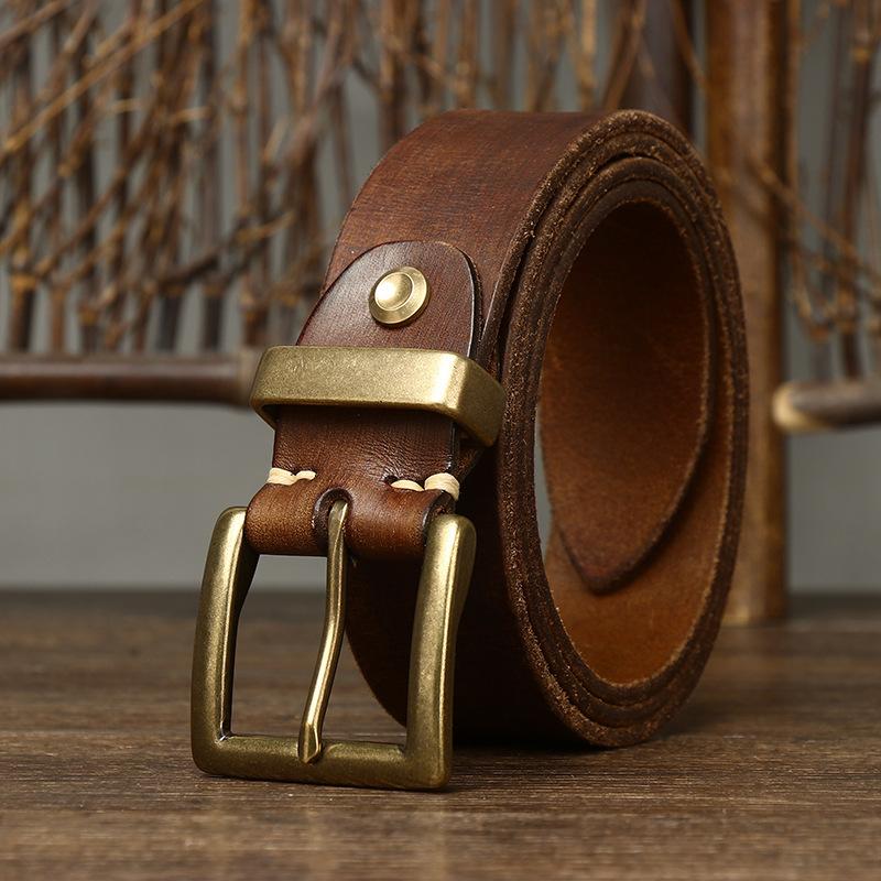 Korean Version Trendy Retro Style Belt Men'S Genuine Leather First Layer Cowhide New Copper Buckle Denim Overalls Belt Men'S