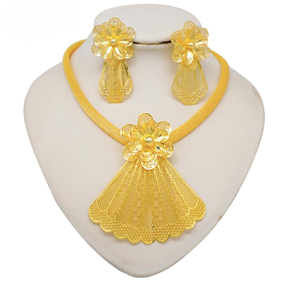 

Легкий вес изысканных ювелирных наборов золотого цвета в Дубае для женщин, кулон с большим цветком, индийское ожерелье и серьги, марокканский подарок на свадьбу