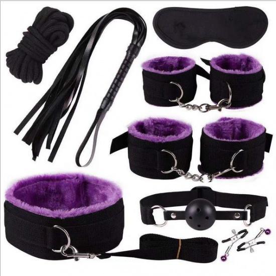 Sexy Nylon BDSM Kits Plush Sex Bondage Set Handcuffs Sex Games Whip Gag Nipple Clamps Sex Toys For Couples Exotic