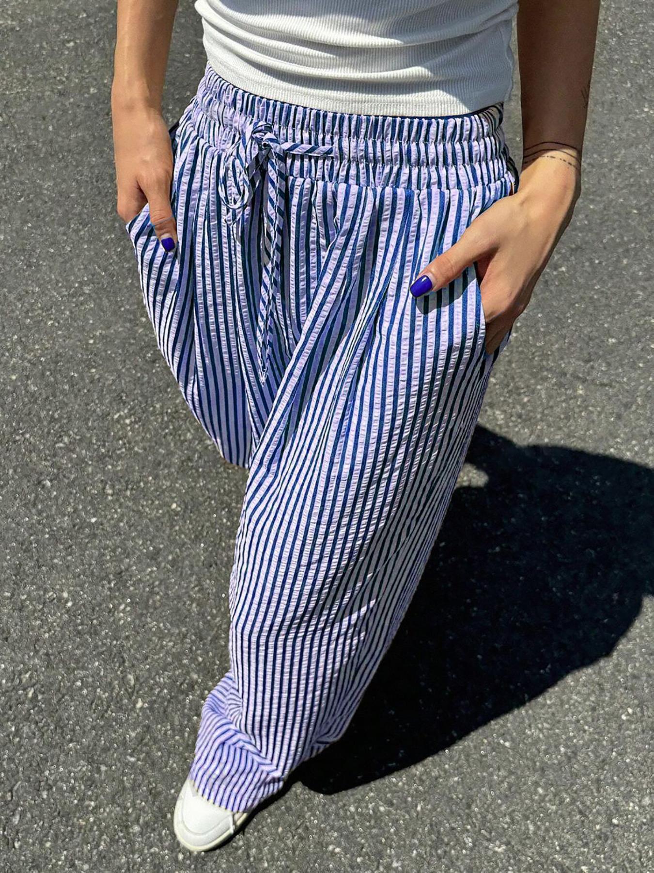 Striped Wide-Leg Drawstring Casual Pants with Pockets - Women s Clothing (2025) XL синий