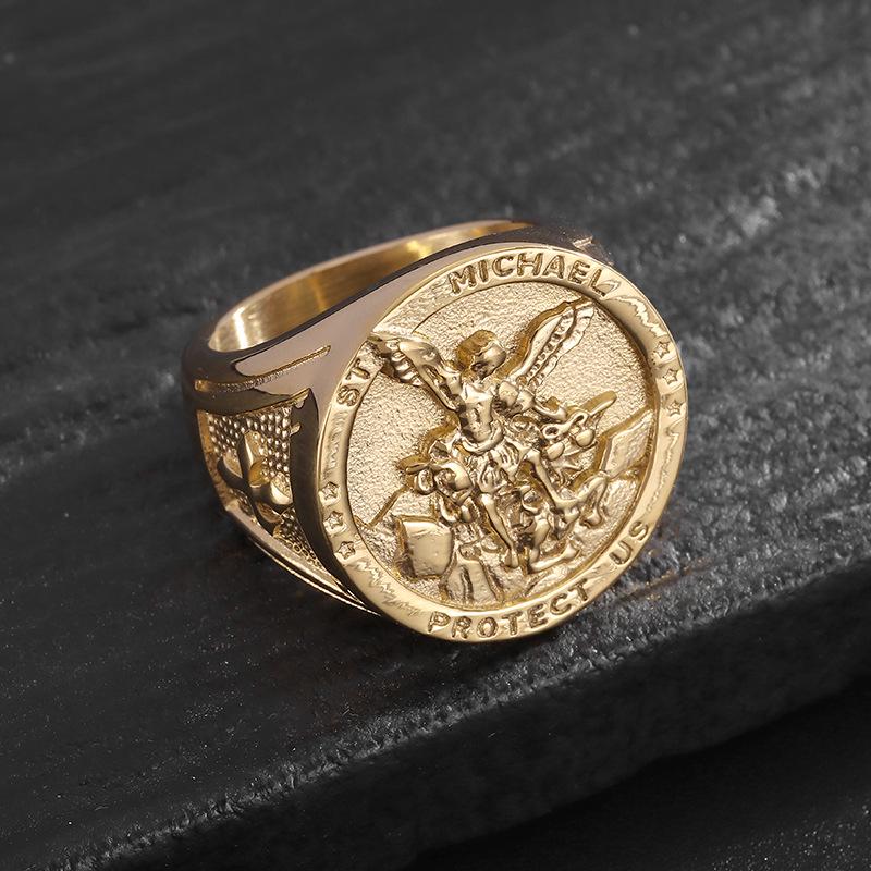 Cross-Border Hip Hop Gold-Plated Titanium Angel Ring for Men