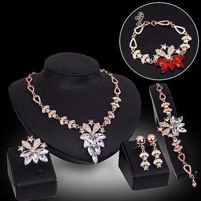 4-teiliges Schmuckset mit Blumendesign, Geburtstagsgeschenk, langlebiges Halsketten-Ohrring-Armband-Ring-Schmuckset für die Hochzeit