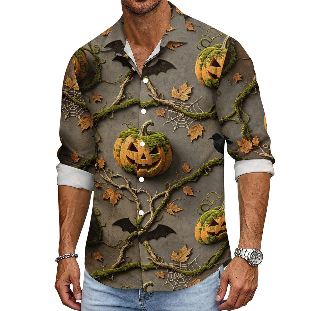 Men's Loose Fit Long Sleeve Shirt with Spread Collar Halloween Themed Casual Vintage Style Breathable Fabric Suitable for Outdoor Workwear