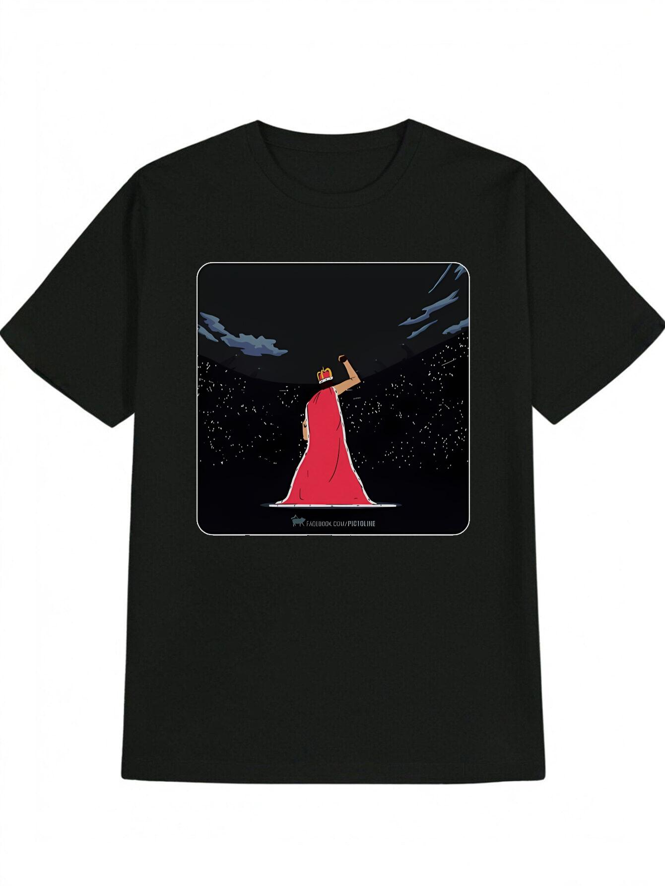 Casual Graphic T-shirt - Black Round Neck Summer Top with Red Cape Crown & Portrait Print S