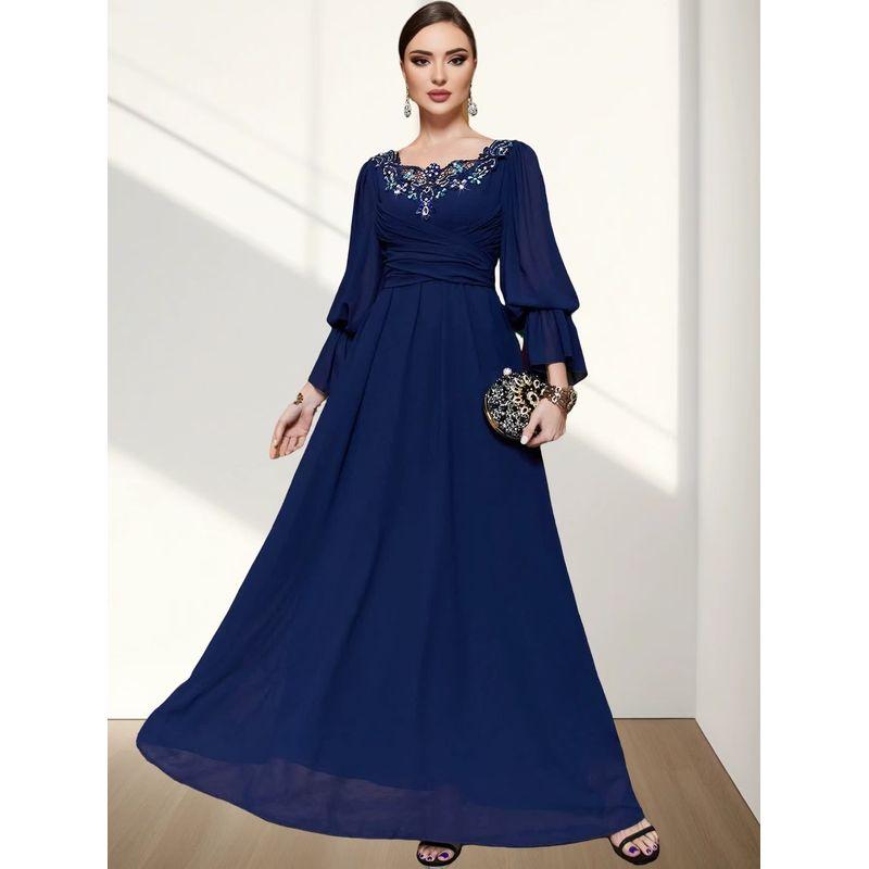 

New Chiffon Stitching Lace Formal Dress Handmade Seam Drill Dress Hand Sewn Diamond Dres Navy blue S