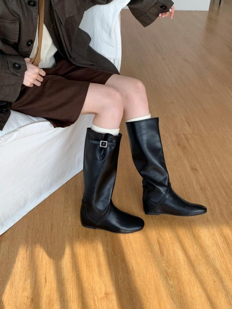 French Pleated Pile Fashion Boots Women s Winter Skinny Medium Boots Soft Leather Boots Tall Knight Boots Martin Long Boots 35