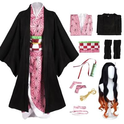 Anime Iblis Avcısı Kimetsu Hiçbir Yaiba Kamado Nezuko Cosplay Kostüm Kadın Kimono Peruk Cadılar Bayramı Karnaval Kıyafet Suit