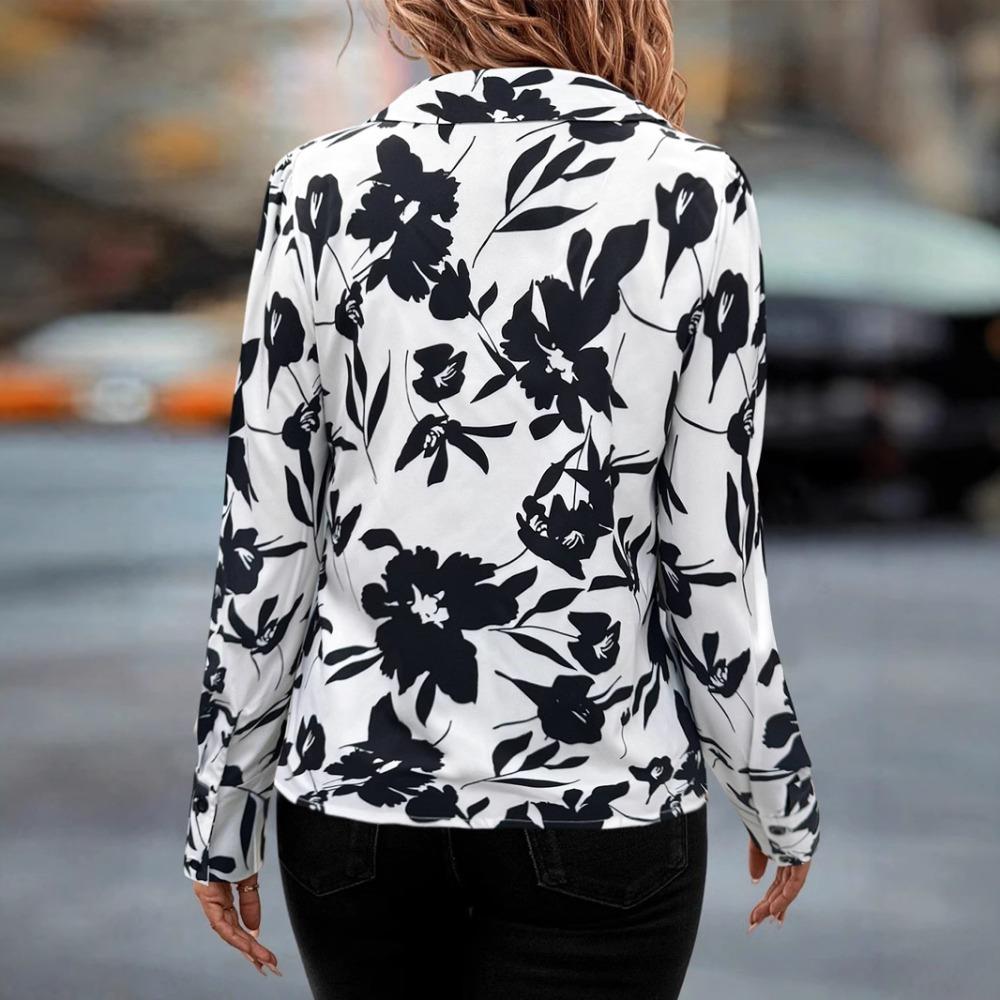Women's Fashion Elegant V-Neck Open Lapel Long Sleeve Floral Printed Shirt