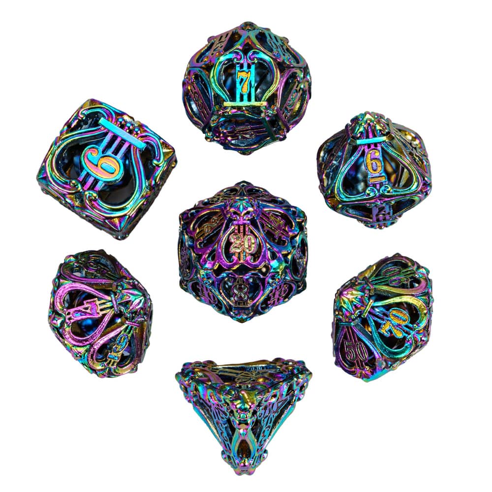 Cusdie Metal Music DND Dice with Small Bells - Unique Sound and Exquisite Hollow Design for D&D Tabletop RPG Gaming Enthusiasts