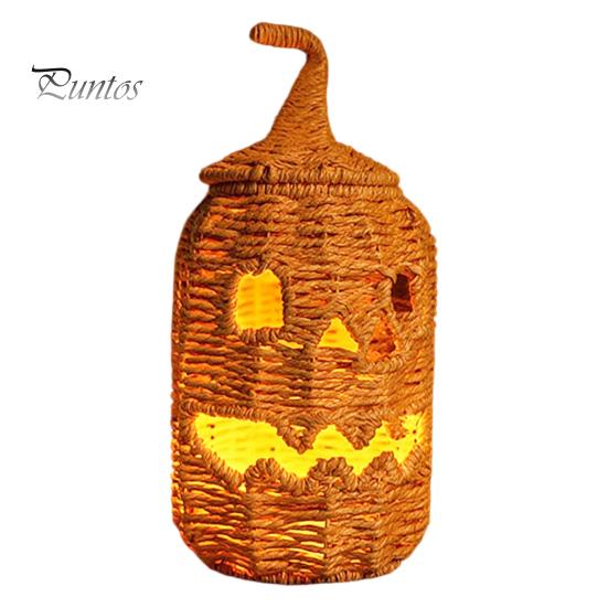 Halloween Candy Holder Handwoven Pumpkin Basket, Spooky Storage Basket with Lid, Vintage Wicker Rustic Seagrass Light Up Lantern LED Candle for Table