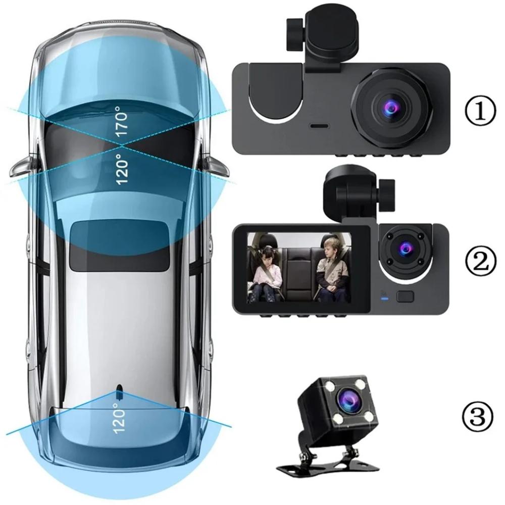 1080P HD Night Vision Car Driving Recorder 3-Channel Camera Video Recorder DVR Black Box Dual Lens with Rearview Camera HD Reversing Image