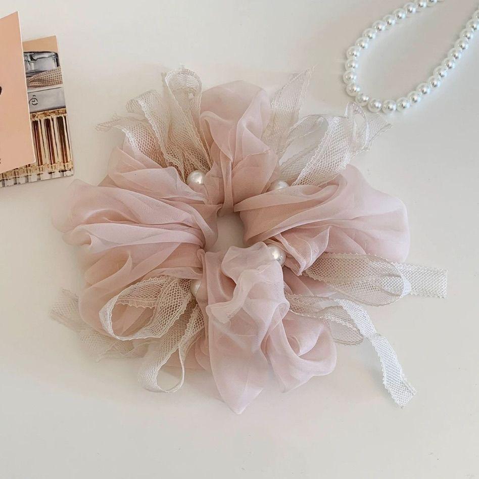 Korean Style Pink Chiffon Lace Pearl Scrunchie Oversized Gentle Hair Tie for Women