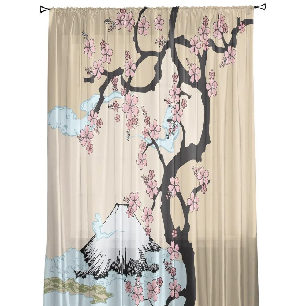 Japonská hora Fuji Sakura Květina Tyl Okenní Závěsy Obývací pokoj Organza Čirý voál Závěs Ložnice Kuchyň Domácí Dekor