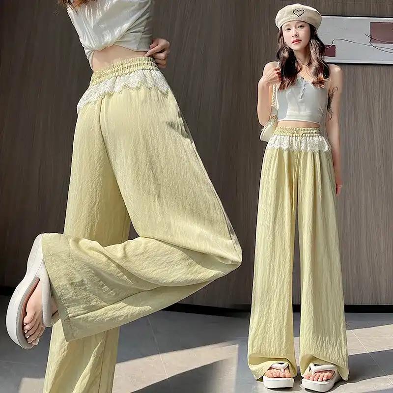 Women s Minimalist Aesthetic Casual Pants With Eyelet Embroidery S жёлтый
