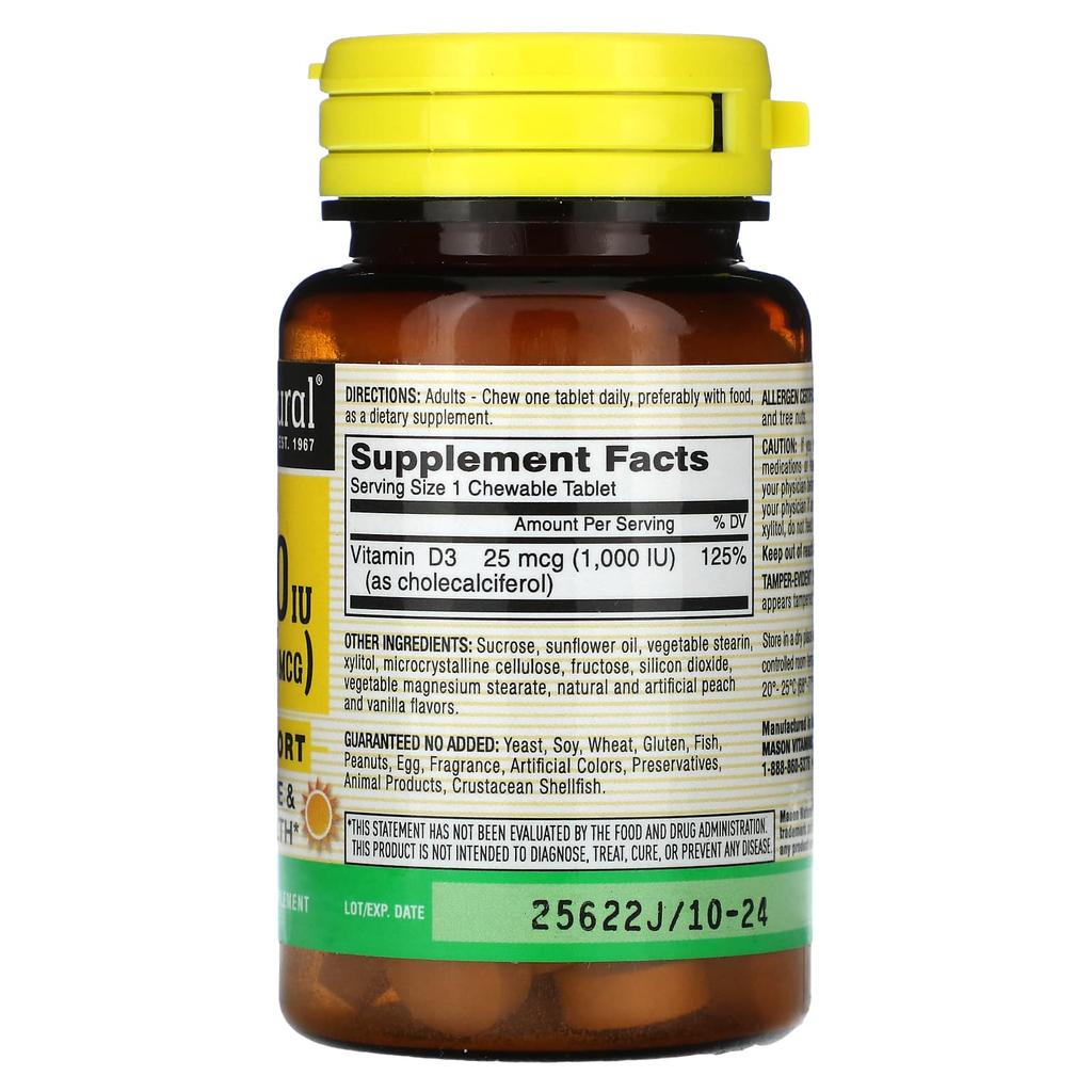 Vitamin D3, Pfirsich & Vanille, 25 µg (1.000 IE), 50 Kautabletten